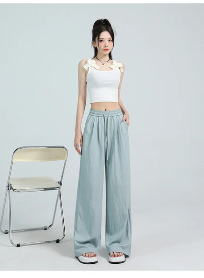 White Ice Silk Wide Leg Pants Women's Summer Thin High Waist Slimming Casual Versatile Elastic Waist Draped Straight Leg Trouser