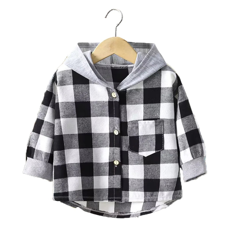 Spring and Autumn Children's Coat Plaid Boy Shirt Hooded Plaid Shirt 2-12 Year Old Girl Long Sleeved Coat Baby Clothes