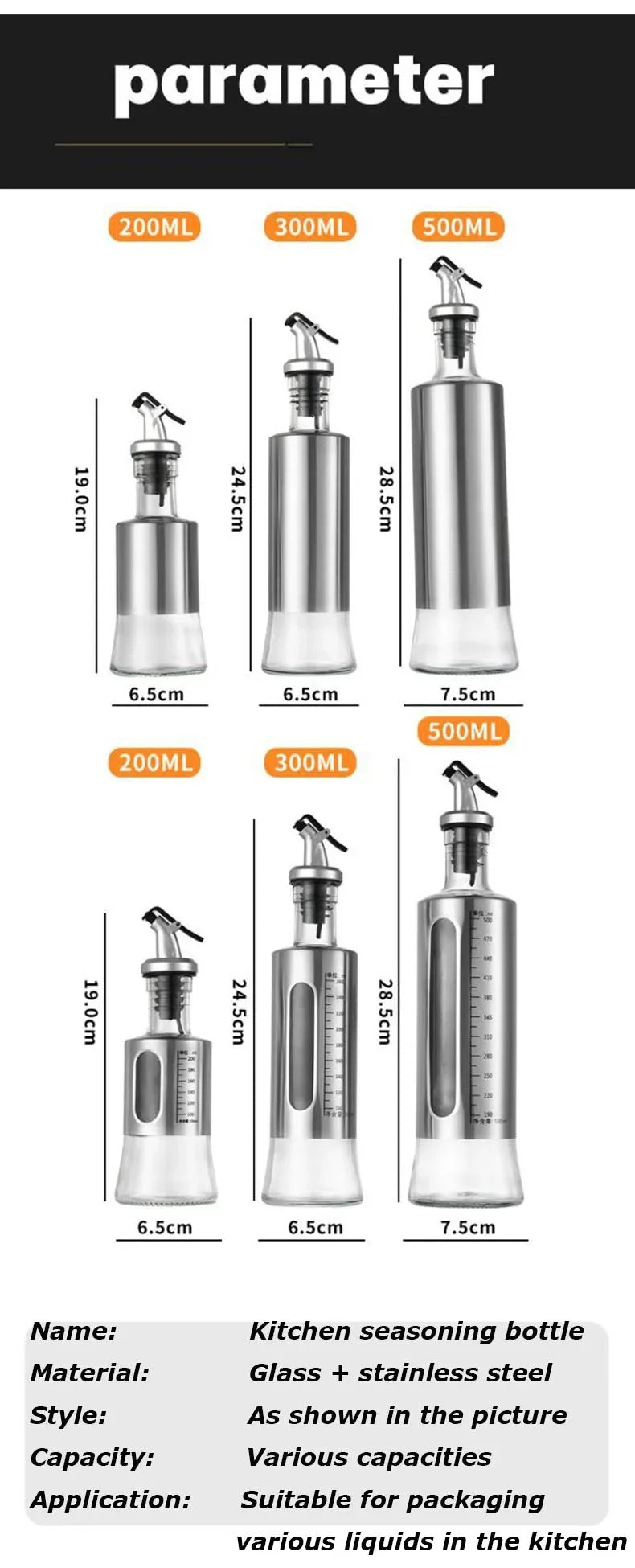 Stainless Steel Oil Bottle No-drip Bottles Soy Cruet Sauce Vinegar Condiment Dispenser Sturdy Seasoning Jars Kitchen Accessories