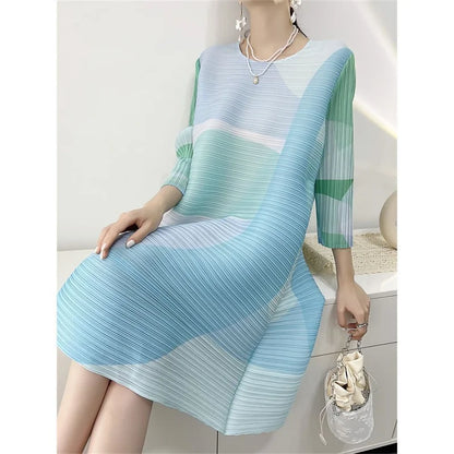 Womens Dresses Evening Dresses New Beautiful Printed Pleated Dress Summer age Plus size Fashion Loose Mid-year Long Female Skirt