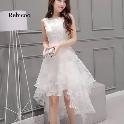 Summer High Low Retro Dress Vintage Women Sleeveless Front Back Short Long Organza Lace Dress Ladies Elegant Party Dress