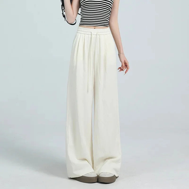 White Ice Silk Wide Leg Pants Women's Summer Thin High Waist Slimming Casual Versatile Elastic Waist Draped Straight Leg Trouser