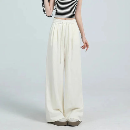 White Ice Silk Wide Leg Pants Women's Summer Thin High Waist Slimming Casual Versatile Elastic Waist Draped Straight Leg Trouser