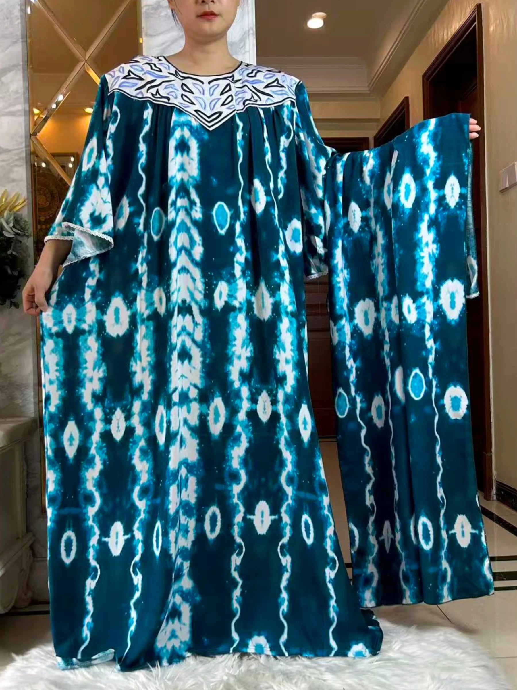 Latest Party Dress Printed Pure Cotton Women Long Dress Dubai Casual Holiday Fashion Party Dresses African Abaya Clothing