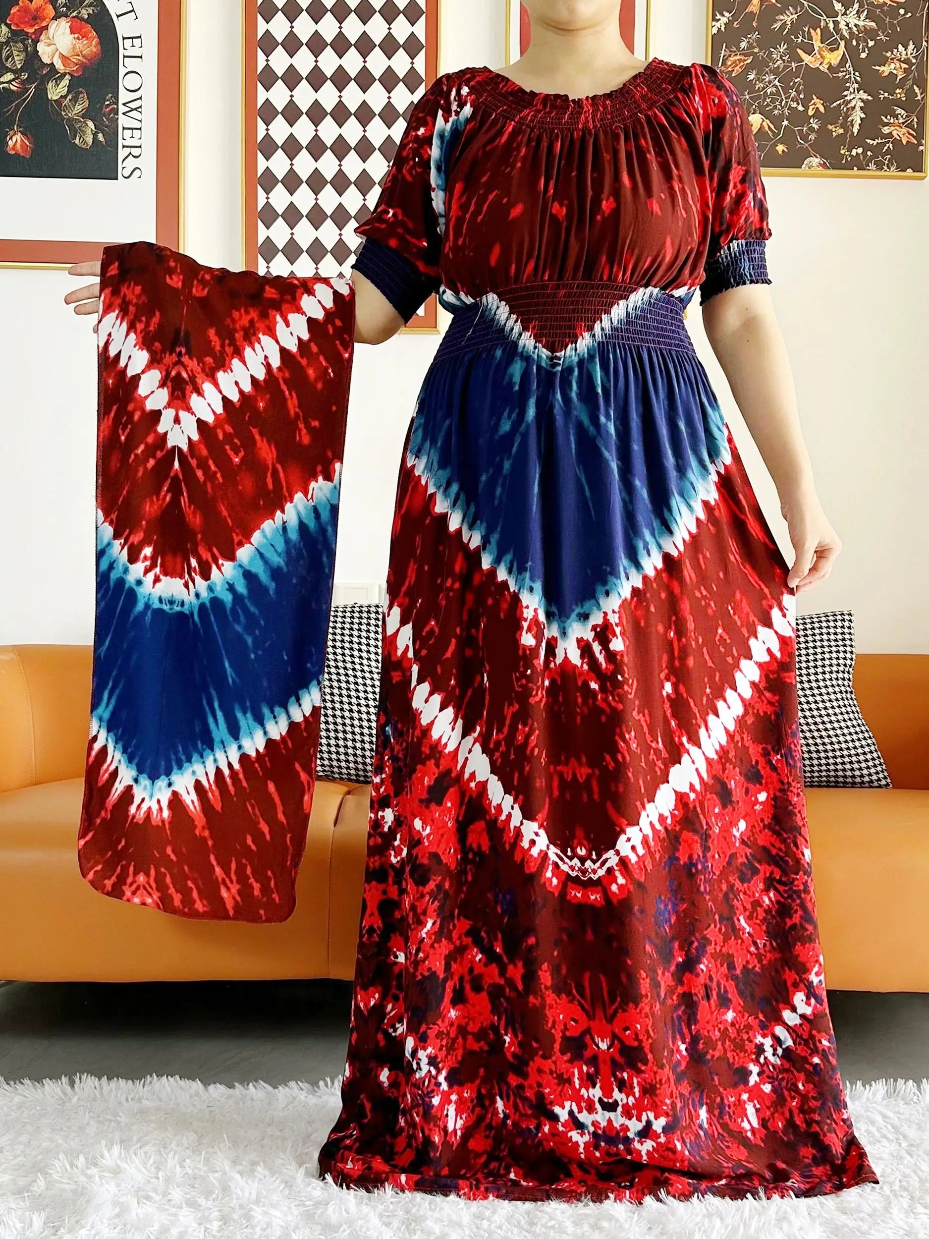 Women Party Dress Muslim Summer Short Sleeve Long Dress Collect Waist Floral Boubou Maxi Islam Women Dress African Abaya Clothes