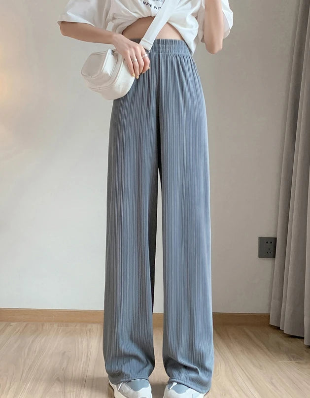 2024 Spring Summer Ice Silk Wide Leg Pants for Women Korean Thin Chiffon High Waist Saggy Loose Straight Casual Fashion Trousers