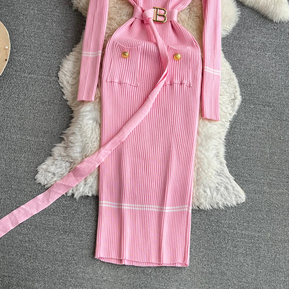 Women Dress  Autumn Winter Elegant Rib Knit Long Pencil Dress with Belt Office Lady Bodycon Sweater Dress Vestidos