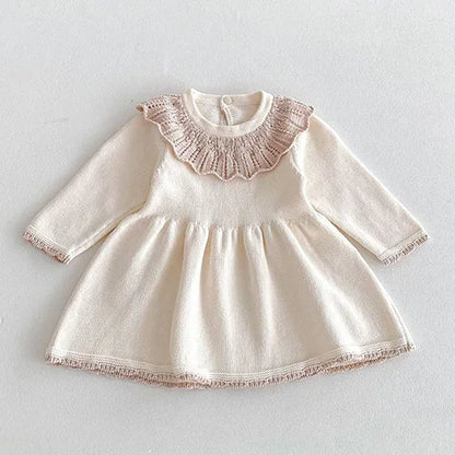 2024 New Autumn Kids Princess Dresses Long Sleeved Knitted Splicing Baby Girl Knitting Party Dress Children Knitting Clothes