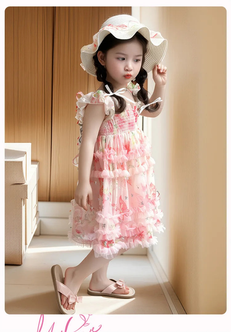Girl Summer Mesh Dress Doll Baby  Kids Back Butterfly Flower Suspender Princess Dress Fashion Casual
