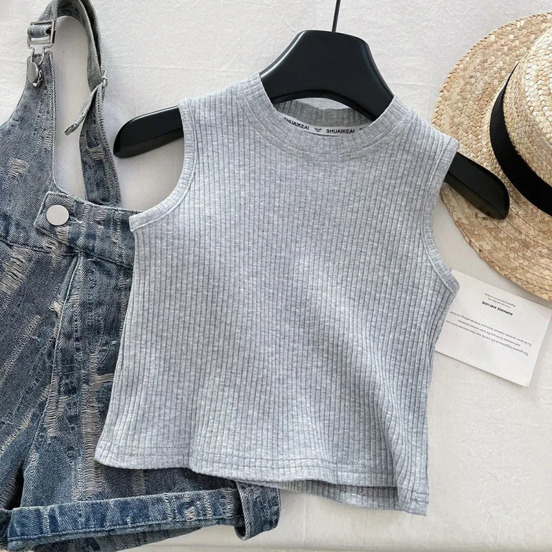 Girls' Clothing Set Sleeveless Top+printed Denim Shorts Two-piece Set for Girls Fashion Suits