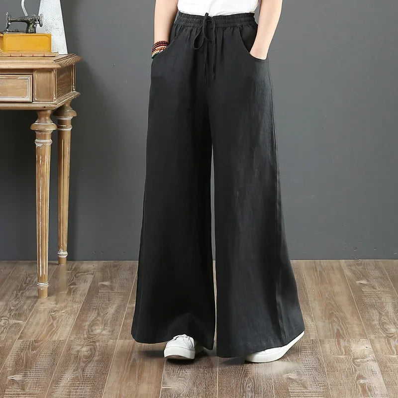 Women Retro Tai Chi Loose Wide Leg Pants Casual Cotton Linen High Waist Pants Mopping Straight Trousers Daily Wear Streetwear