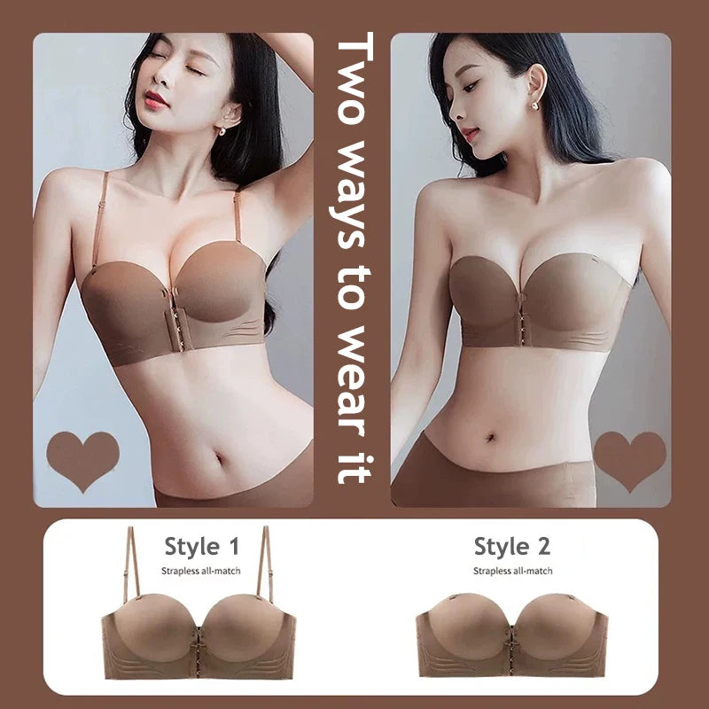 Front Closure Strapless Bras For Women Seamless Push Up Brassiere Thick Soft Underwear Solid Color Adjustable Invisible Lingerie
