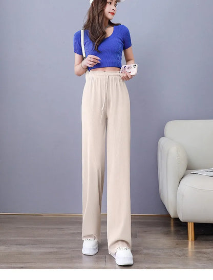 Ice Silk Wide Leg Pants Women's Summer 2024 New High Waist Drape Loose Slimming Straight Bla Floor-Length Casual Trousers
