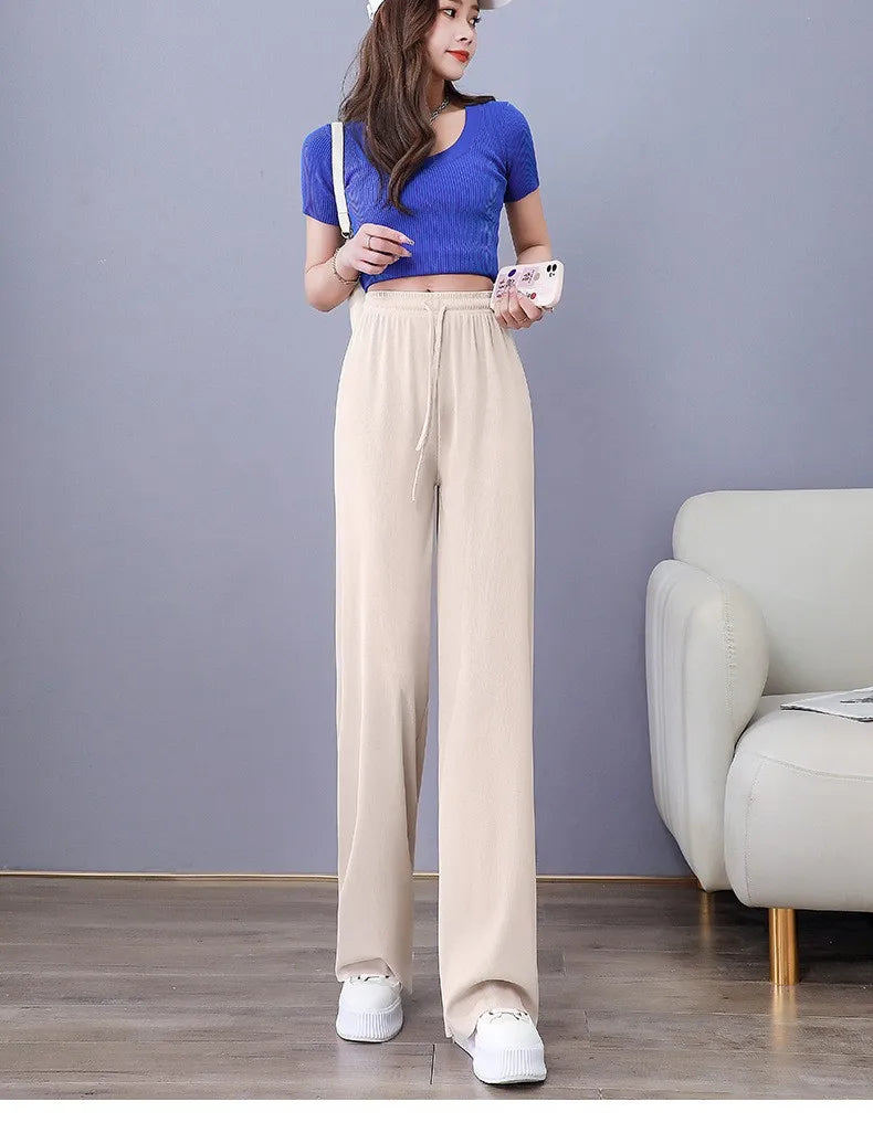 Ice Silk Wide Leg Pants Women's Summer  New High Waist Drape Loose Slimming Straight Bla Floor-Length Casual Trousers