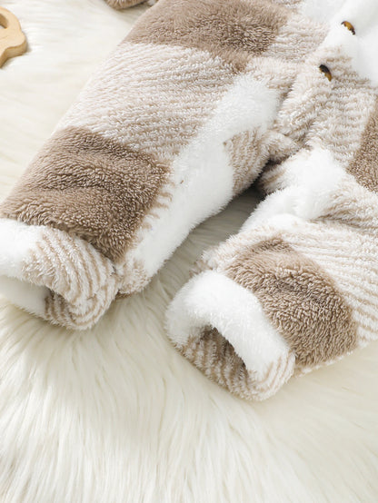 3-24 Months Newborn Baby Boy Winter Clothing Set Lattice Plush Long Sleeved Hooded Jumpsuit Fashion Cute Romper Warm Daily Wear