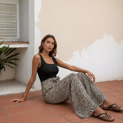 Women Sexy Leopard Print Wide Leg Pants High Waisted Elastic Flowy Palazzo Trousers Summer Boho Vacation Casual Bottoms