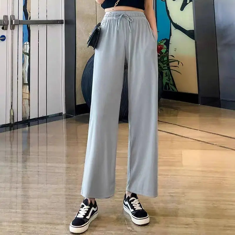 New Women Ankle-Length Wide Leg Pants Casual Summer Solid Elastic Waist Loose Ice Silk Pants Spring Summer Female Trousers