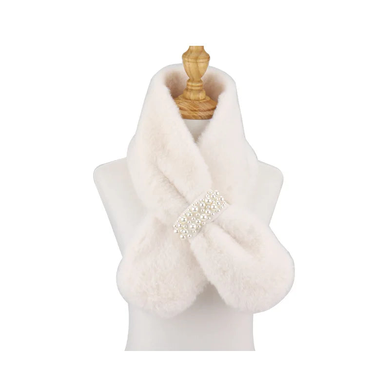 Autumn and winter high-end imitation rabbit fur women's outdoor thick warm cross pearl button plush scarf