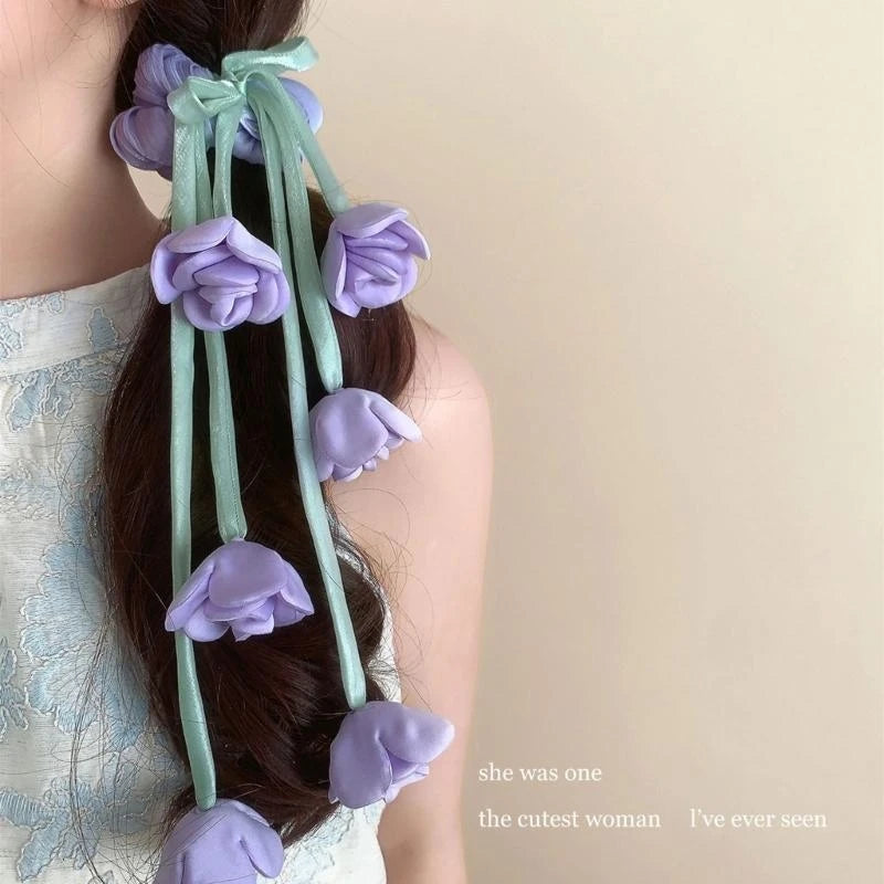 Elegant Floral Tulle Scrunchie With Fringe Detailing Headbands Rope Hair Band For Everyday Styling