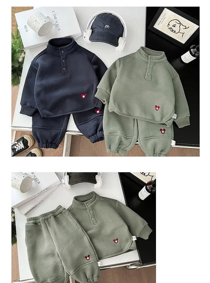 2024 Winter New Baby Boys Fleece Sweatshirt + Sweat Pants 2pcs Suit Infant Plus Velvet Thick Clothes Set Toddler Warm Outfits