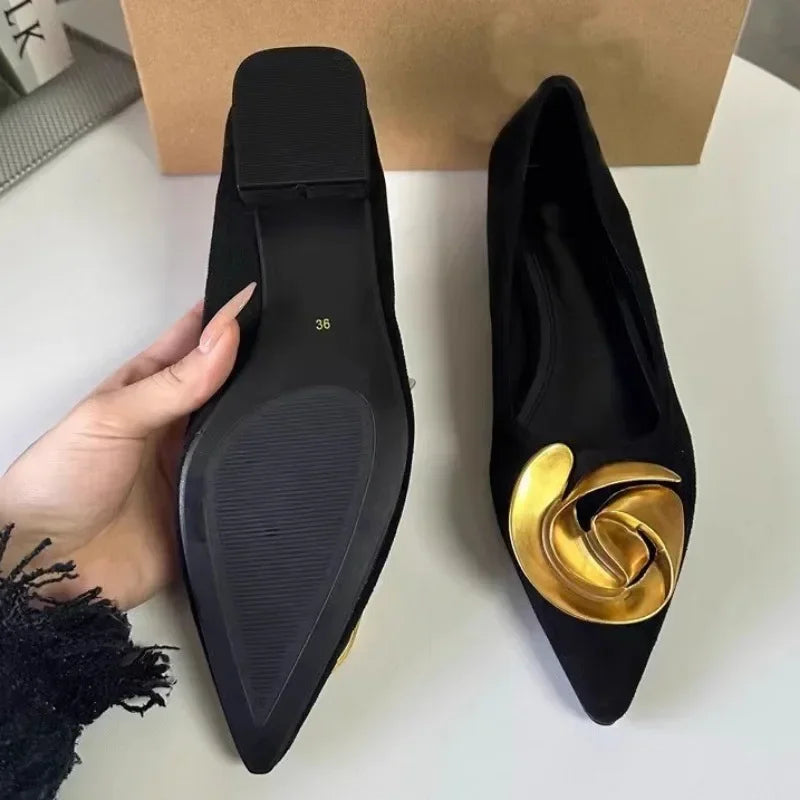 Elegant Office Women's Dress Shoes  Summer New Black Shallow Pointed Toe Fashion Metal Flower Comfortable Ladies Flats