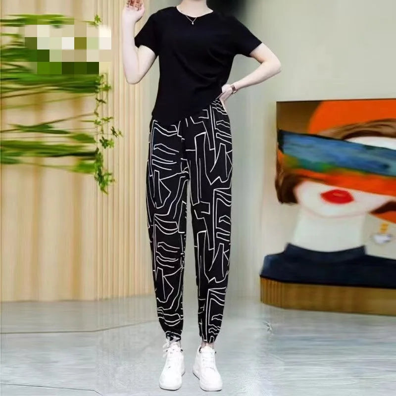 High Waist Floral Pants Straight Leg Home Leisure Women's plus Size High Elasticity Air Conditioning Pants Casual Trousers