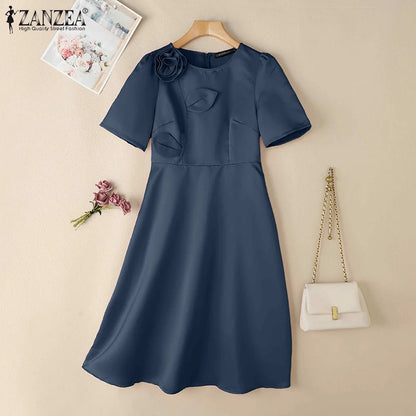 ZANZEA Elegant Woman Party Dresses Shiny Satin Round Neck Short Sleeve Fabric Flower A-line Robes Femme Fashion Midi Vestidos