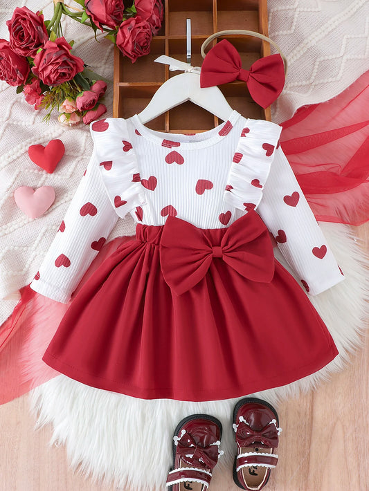 2PCS Autumn New Style For 0-2-Year-Old Girls, Comfortable Sweet And Fashionable Red Love Bow Top + Short Skirt Set