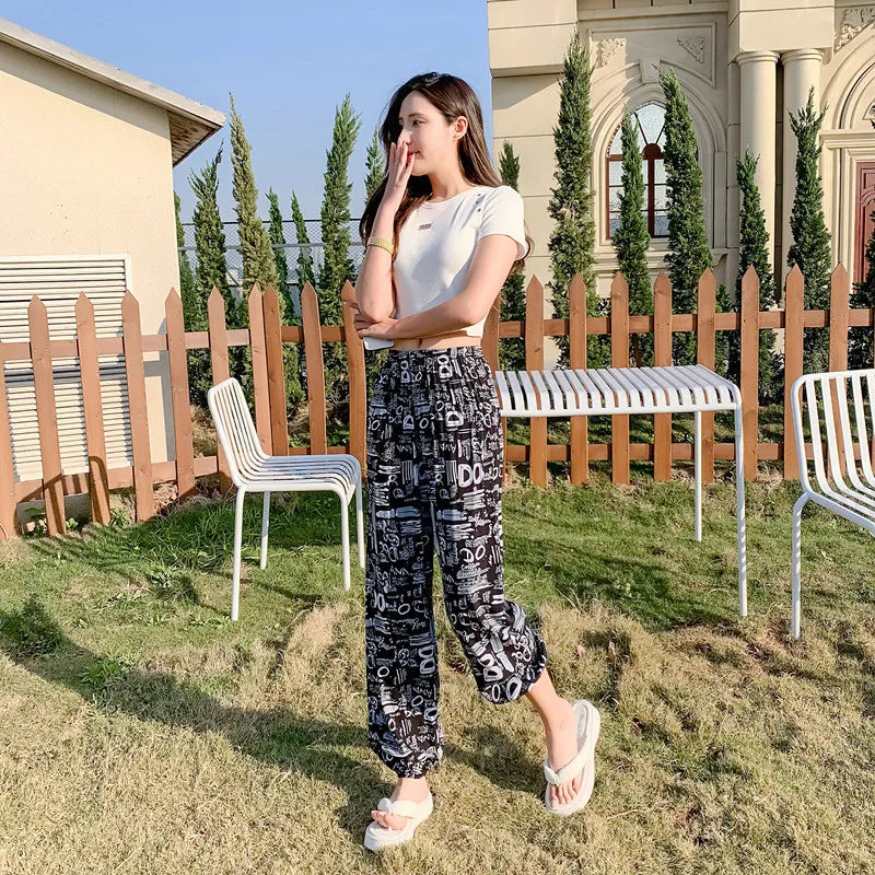 Women's Mosquito-proof Cotton Silk Beach Summer Casual Flower Pants Artificial Cotton Summer Sleeping Pants Thin Adult Bloomers