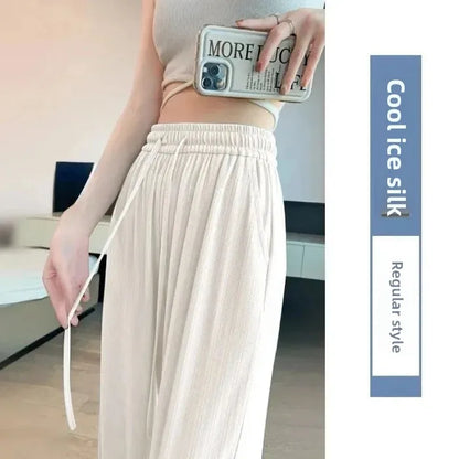 Ice Silk Wide Leg Pants Women's Summer Thin Narrow Version 145 Small Size Drape Straight High Waist Stripe Casual Trousers 150
