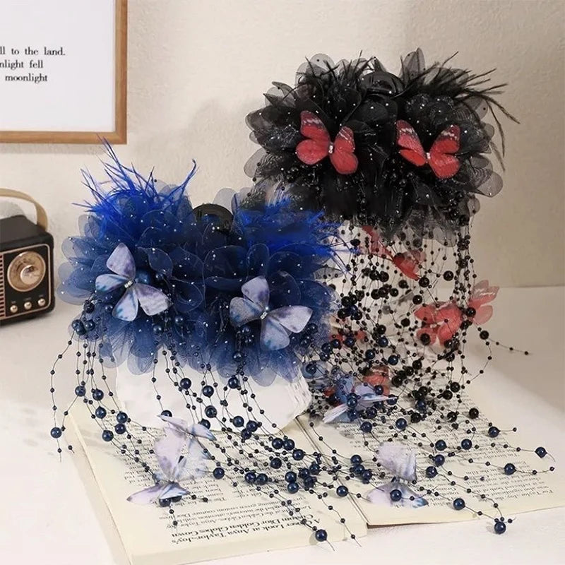 Fashion Fairy Butterfly Feather Tassel Hair Claw Shark Clips Temperament Mesh Flower Claw Clip Women Headwear Hair Accessories