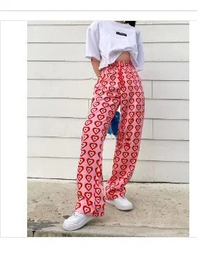 Thai Print Heart Wide Leg Pants Women Summer Thin Loose plus Size High Waist Slimming Long Trousers Casual Fashion plus Size