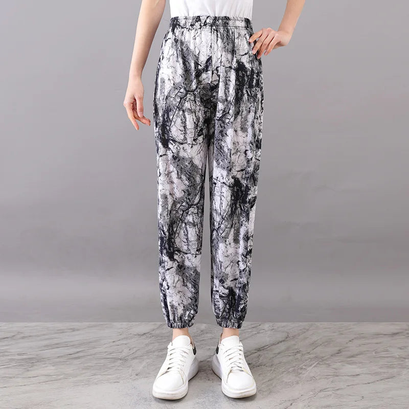 Summer Ladies Ice Silk Loose Casual Home Pants Elastic plus Size Mom Square Sports High Waist Straight Leg Length Nine Points