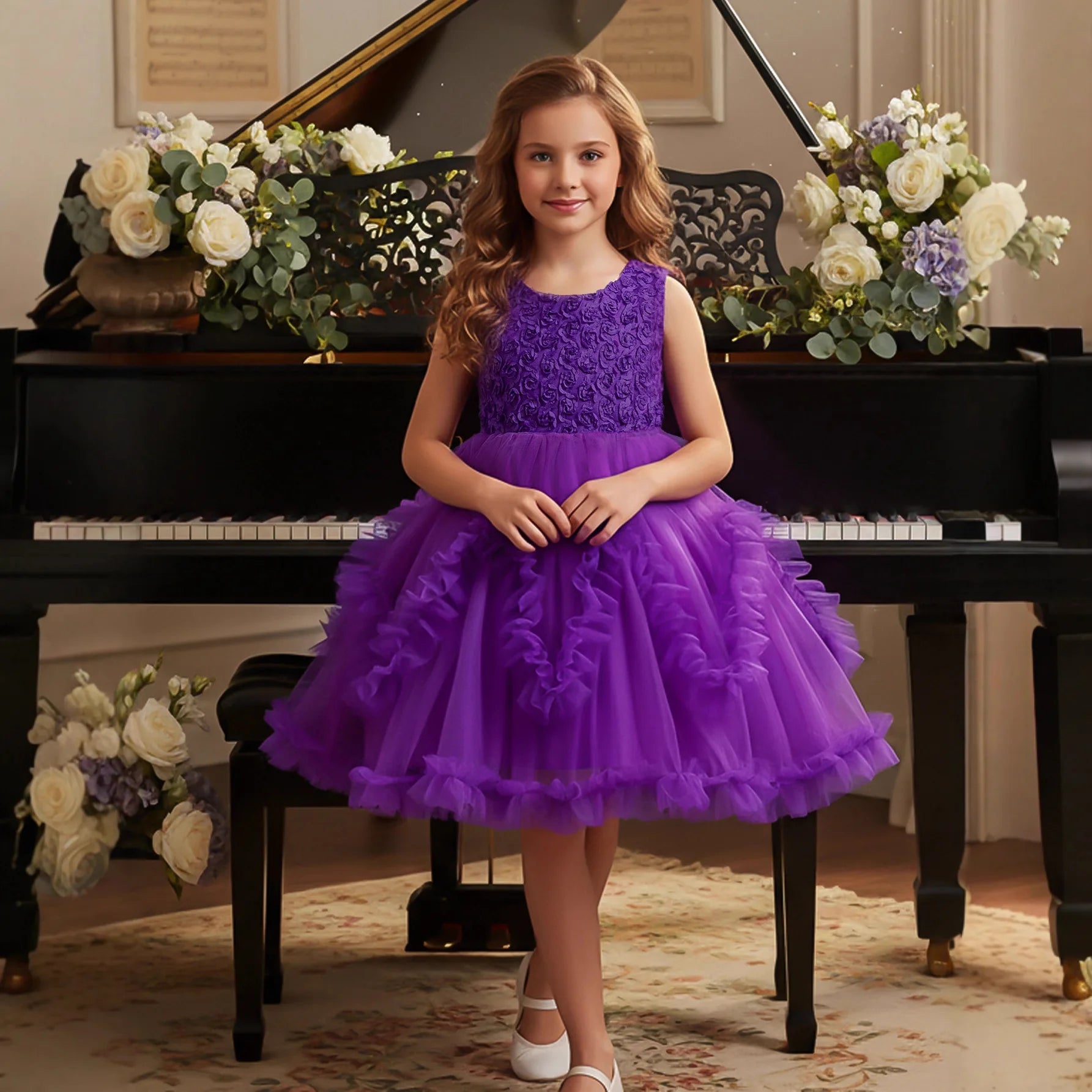 Girls Princess Tulle Dress, Elegant Baby Flower Girl Gown for Host & Stage Performance, Puffy Party Dress for Special Occasions