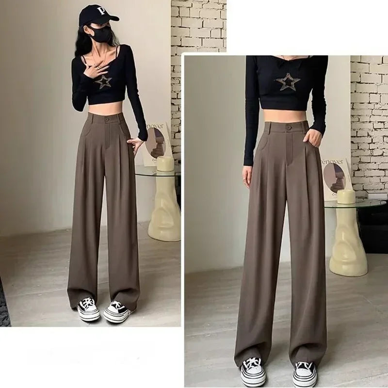 Women Fashion Suit Pants Lady Breathable Baggy High Waist Wide Leg Summer Trousers Lady Straight Leg Black Coffee Classic Pants