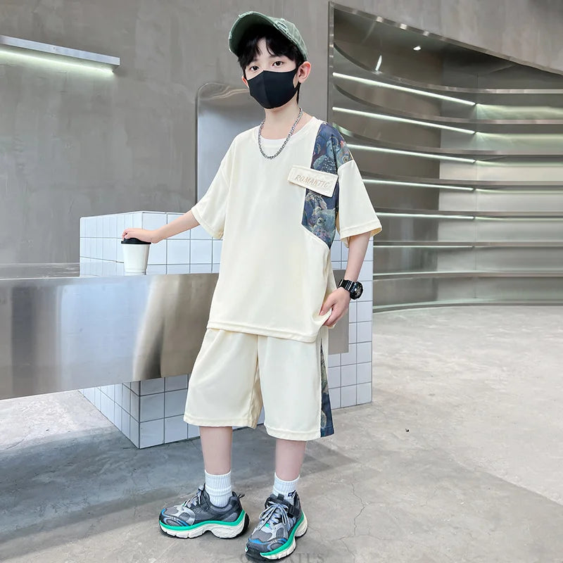 Boys Summer Suit Kids Short Sleeve T-Shirt Sports Casual Outfits for Teenage Boy Clothing Sets With Cartoon Bear