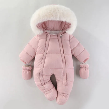Winter Newborn Baby Romper With Gloves Warm Baby Girl Clothes Thicken Plus Velvet Baby Jumpsuit Hooded Infant Clothing 0-18M