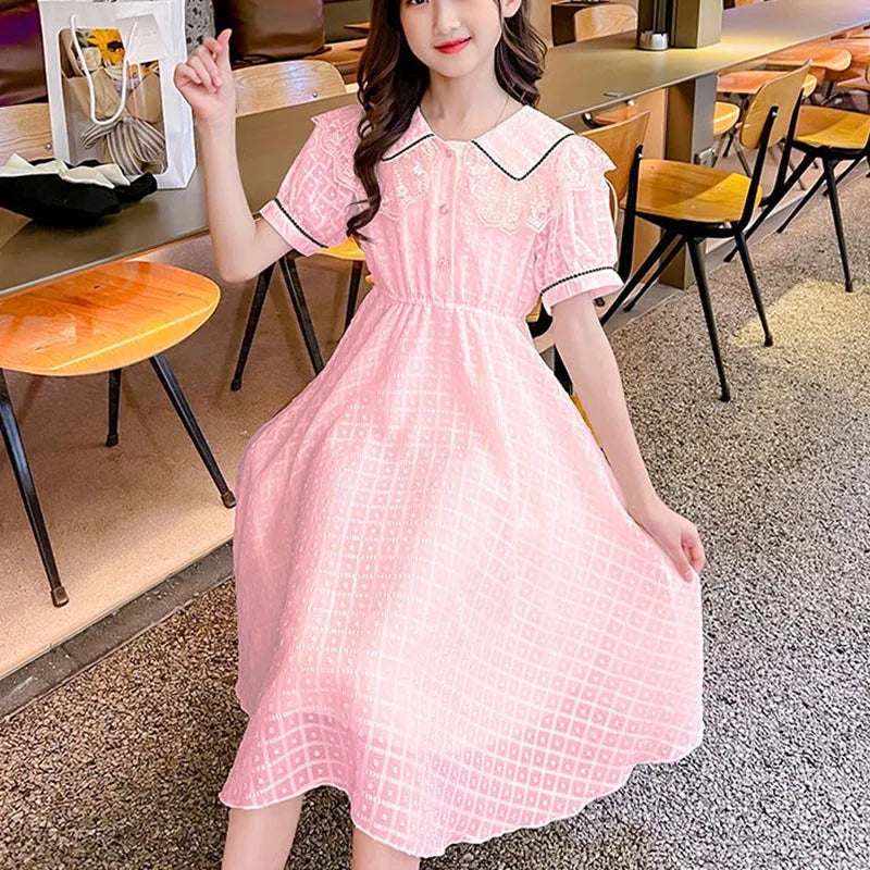 Children's Fashion Preppy Style Sailor Collar Loose Casual Robe Girls' Short Sleeve Sweet Bow Dress Children's Dresses