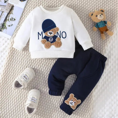 Boys and Girls Autumn and Winter New Cartoon Letter Hat Bear Embroidered Long Sleeve Hoodie Long Pants Two Piece Set