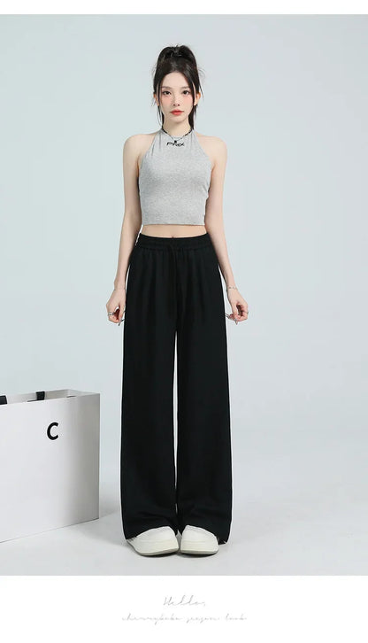 White Ice Silk Wide Leg Pants Women's Summer Thin High Waist Slimming Casual Versatile Elastic Waist Draped Straight Leg Trouser