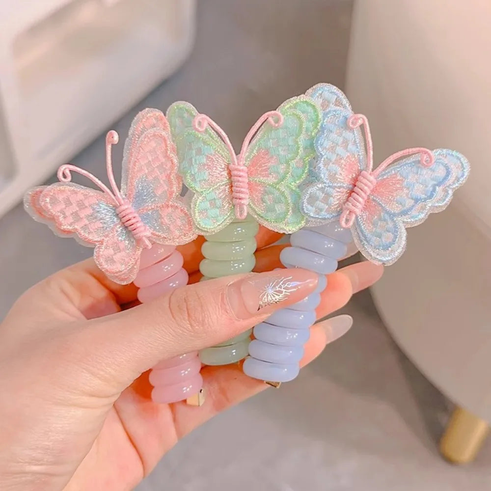 Cute Elastic Telephone Wire Line DIY Butterfly Hair Bundle Phone Cord Ponytail Holder Girls