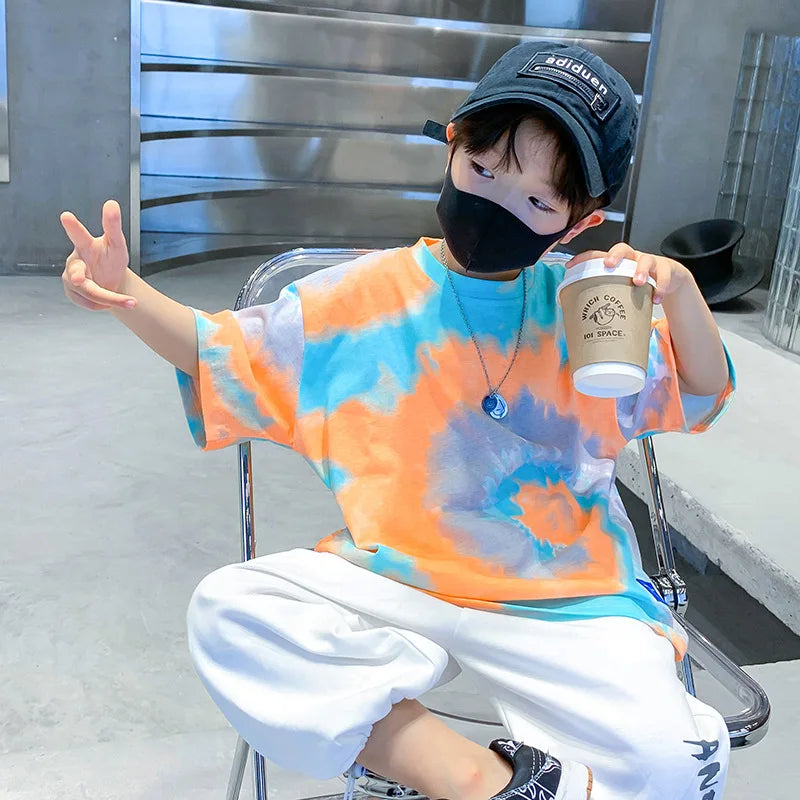 New Summer Fashion Boys T-shirts Tie-Dye Korean Short Sleeve Streetwear Boys Clothes Tshirt Top Tees