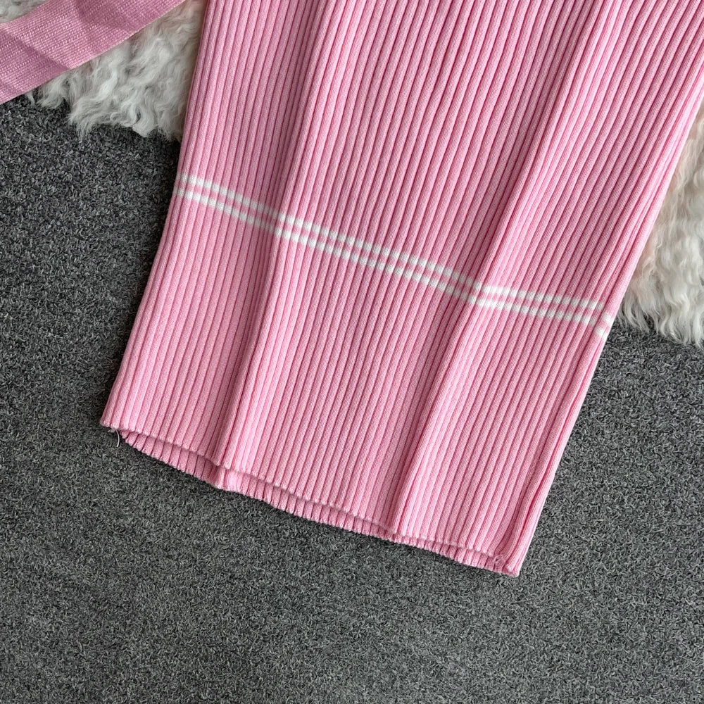 Women Dress  Autumn Winter Elegant Rib Knit Long Pencil Dress with Belt Office Lady Bodycon Sweater Dress Vestidos
