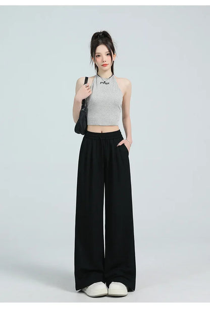 White Ice Silk Wide Leg Pants Women's Summer Thin High Waist Slimming Casual Versatile Elastic Waist Draped Straight Leg Trouser