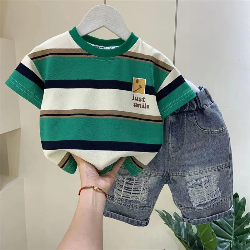 Boys Summer  New Boutique Design Outfits Cotton Set Baby Boys Short Sleeve Shirt Jeans Shorts 2pcs Clothing Children 6 7 8Y