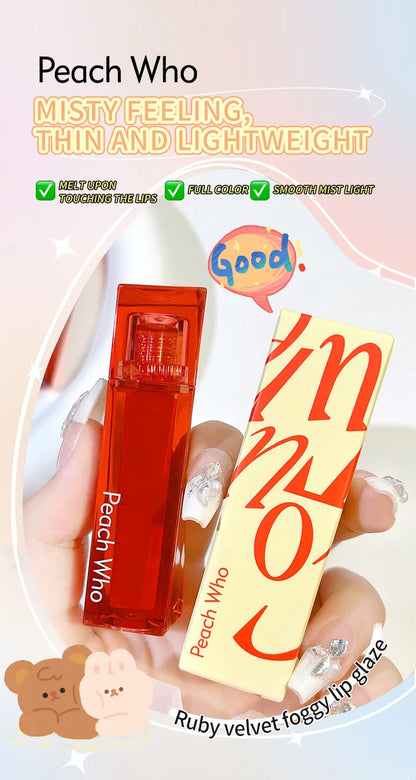 PEACHWHO Ruby Velvet Foggy Lip Glaze Matte Lip Stain Moisturizing Longlasting Waterproof Natural Smooth Silky Lipstick Cosmetics