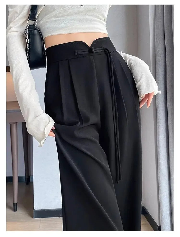 New Chinese Style High Waist Buttoned Suit Pants Women's Spring Summer Casual Wide Leg Pants Versatile Slimming Design
