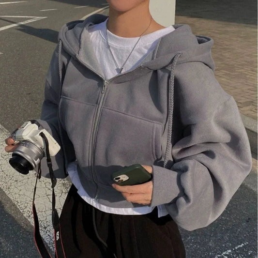 2023 Autumn and Winter New Product Ins Fleece-Lined Versatile Fashionable Short Slim-Fit Zipper Warm Solid Color Hooded Sweatshirt for Women