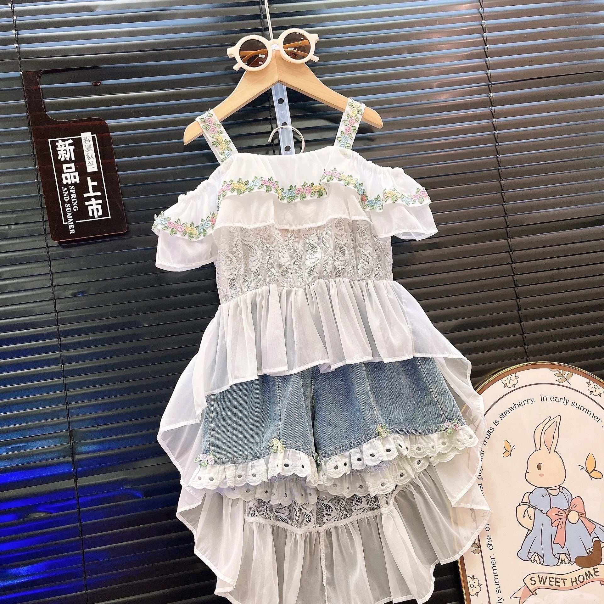 New Style Children's Strap Skirt Top Cowboy Shorts Kids Fashion Outwear Two Piece Set