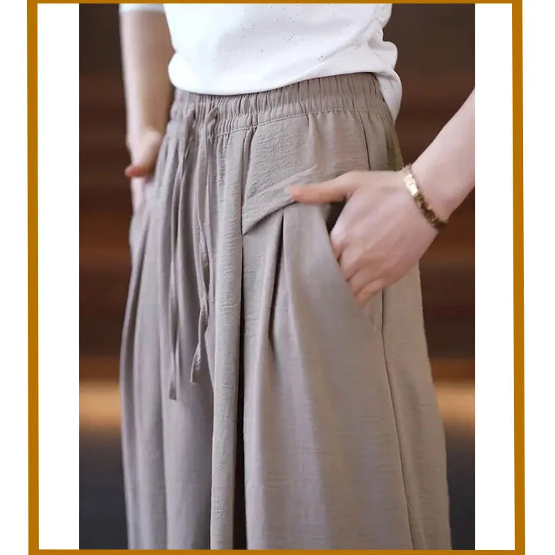 Summer Ice Silk Wide Leg Pants Women's Loose Casual Long Trousers High Waist Korean Sle Polyester Fiber Drapey Sumi Pants